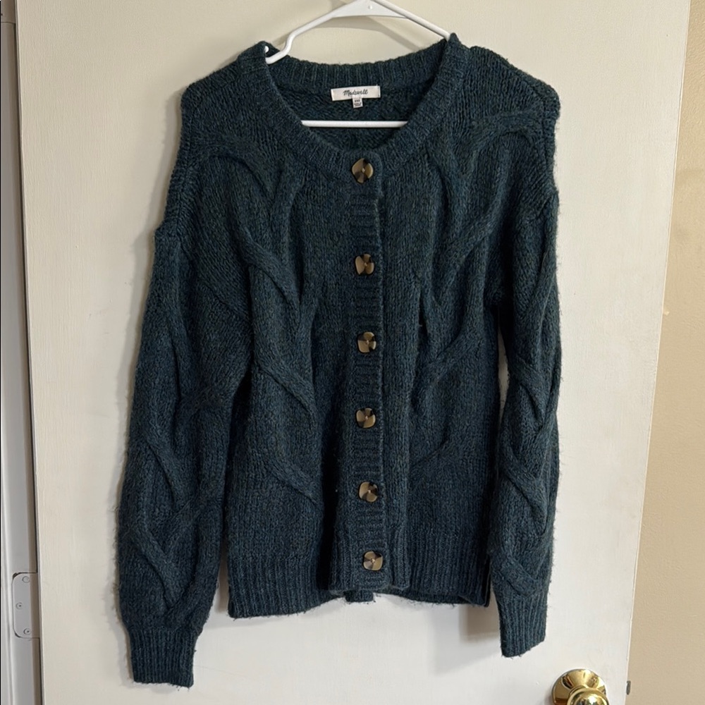 Madewell Green Cable Knit Cardigan Sweater
